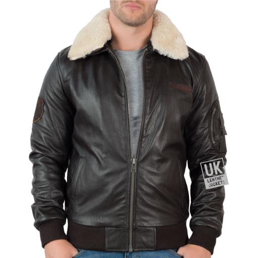 Mens Brown Leather Flying Jacket - Pilot - Detach Wool Fleece Collar - Front