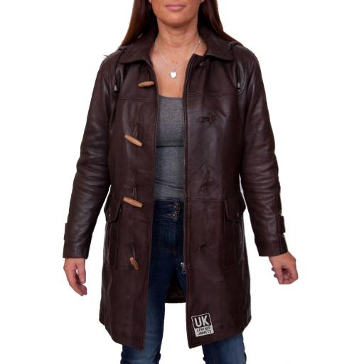 Women's Brown Leather Duffle Coat - Detach Hood - Remy - Open
