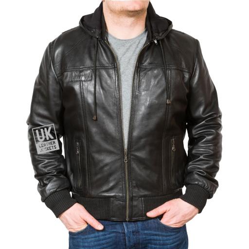 Men's Black Hooded Leather Bomber Jacket - Troy - Main