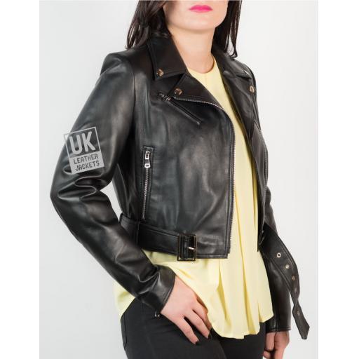 Womens Black Leather Biker Jacket – Cropped Length - Side