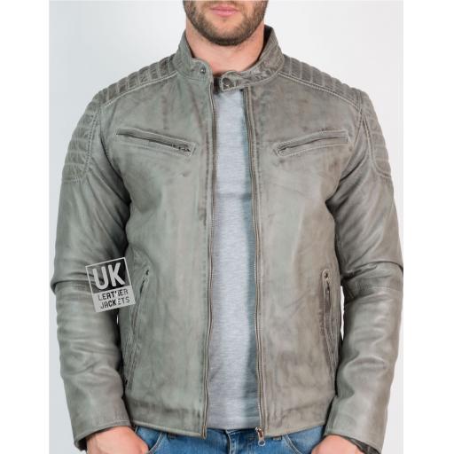 Men’s Leather Biker Jacket - Zurich - Vintage Grey