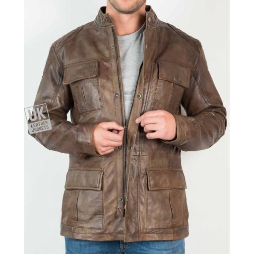 Men's Brown Leather Vintage Racing Jacket - Storm - Unzipped