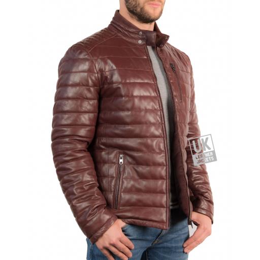 Mens Burgundy Leather Jacket - Ultra Light Quilted - Side
