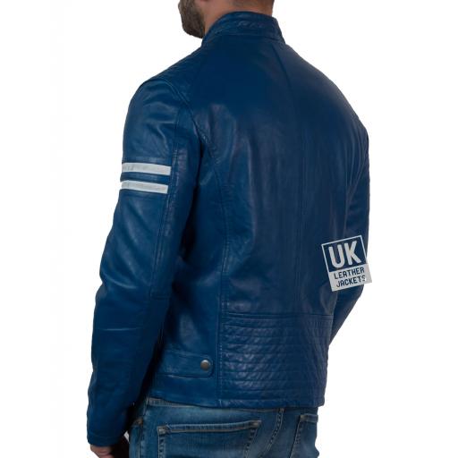 Mens Blue Leather Biker Jacket Octane Blue - Back