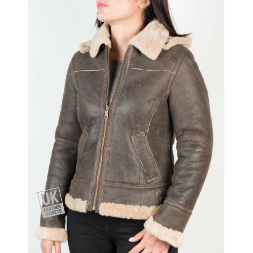 Womens Sheepskin Flying Jacket Detach Hood Lana - Antique Brown