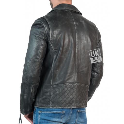 Mens Cross Zip Leather Biker Jacket - Vintage Grey - Back