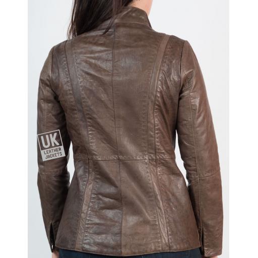 Womens Hip Length Zip Leather Jacket - Brown - Back