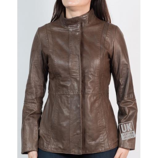 Womens Hip Length Zip Leather Jacket - Brown
