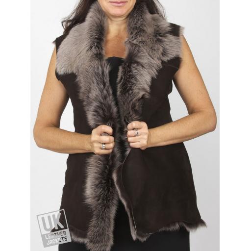 Long Toscana Sheepskin Gilet - Brown Snow Tipped - Front 1