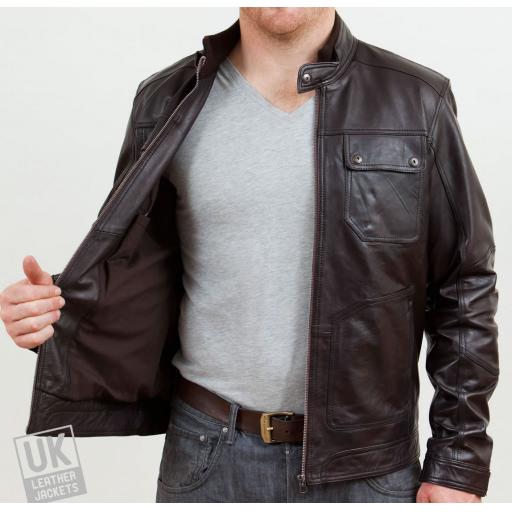 Men's Brown Leather Biker Jacket - Cobalt - Lining