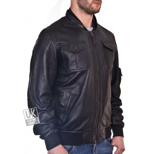 Mens Black Leather Bomber Jacket - Maveric - with Short Collar
