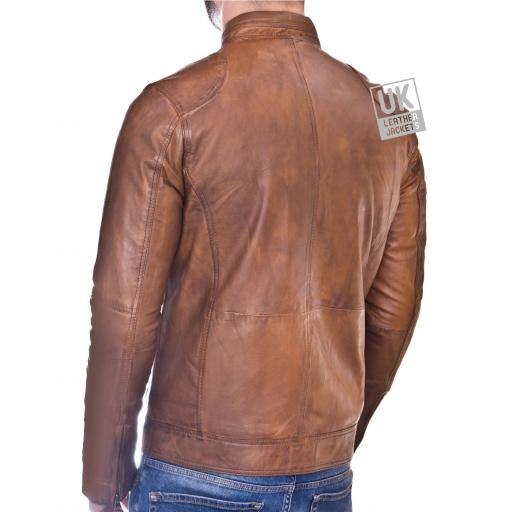 Mens Vintage Tan Leather Biker Jacket - Morgan - Back