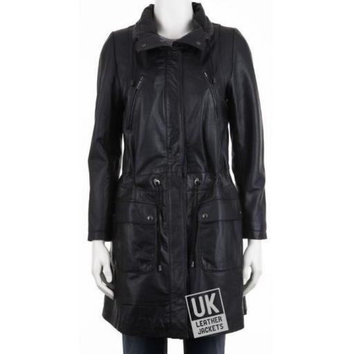 Women's Black Leather Parka Coat - Hazel - Cover
