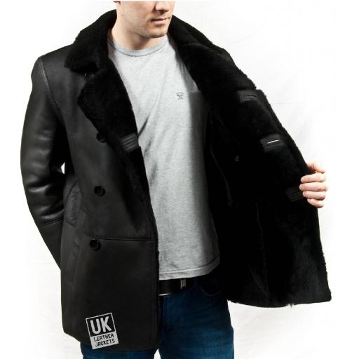 Men’s Black Double Breasted Shearling Sheepskin Jacket - Pea Coat - Wool Interior