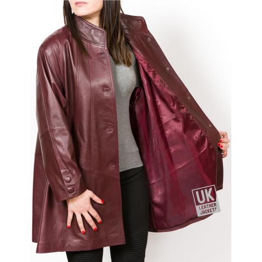 Women's Burgundy Leather Swing Coat - Plus Size - Delia  - Lining