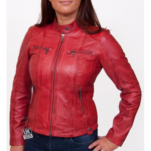 Womens Leather Biker Jacket - Jasmine - Red - Front