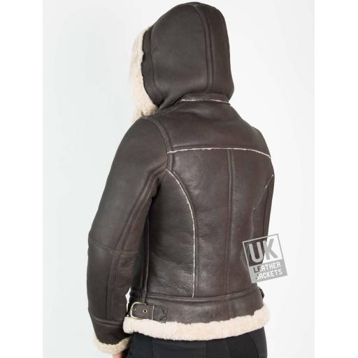 Womens Sheepskin Flying Jacket – Detach Hood – Lana - Matt Brown - Back with Hood