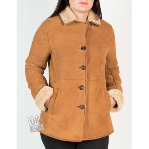 Womens Tan Shearling Sheepskin Jacket - Hip Length - Dana - Button Front to Neckline