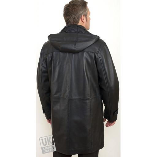 Men's Hooded Vintage Black Leather Duffle Coat - Plus Size - Monty - Rear