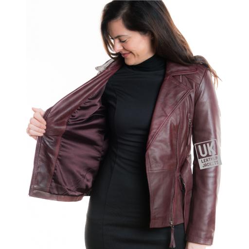 Womens Cross Zip Burgundy Leather Jacket - Zoe - Lining