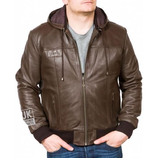 Men's Brown Hooded Leather Bomber Jacket - Troy - Main with hood