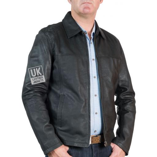 Mens Classic Zip Leather Jacket - Vintage Black - Front