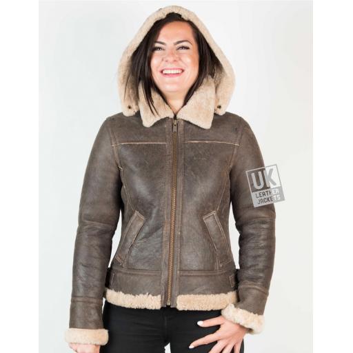 Womens Sheepskin Flying Jacket – Detach Hood – Lana - Antique - Hood
