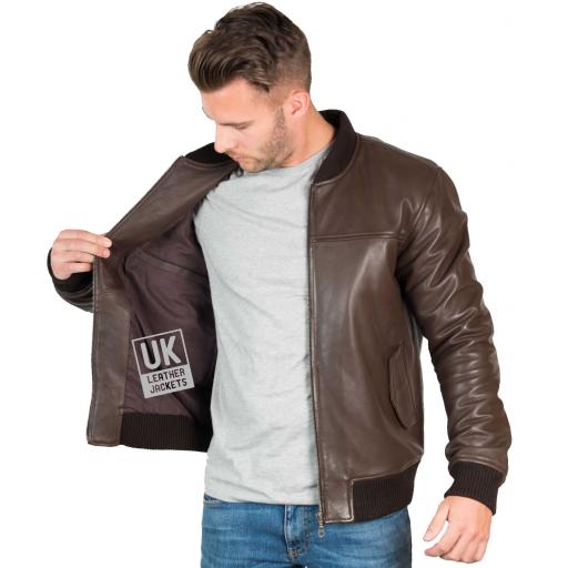 Men's Brown Leather Bomber Jacket - Morton - Lining