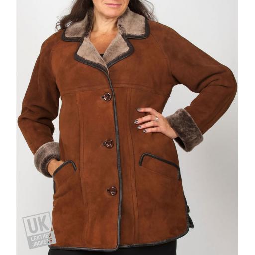 Women's Plus Size Sheepskin Car Coat - Dark Tan - Superior Quality - Front