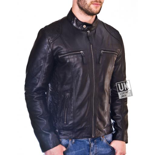 Men's Black Leather Biker Jacket - Phoenix - Front