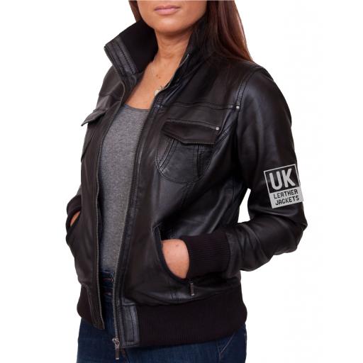 Women's Black Leather Bomber Jacket - Harper - Size 8 only