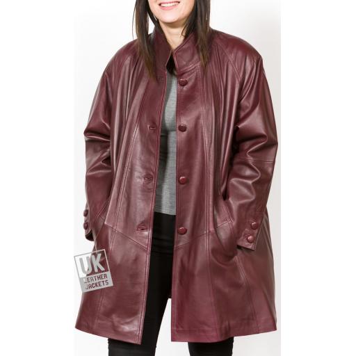 Women's Burgundy Leather Swing Coat - Jewel - Open