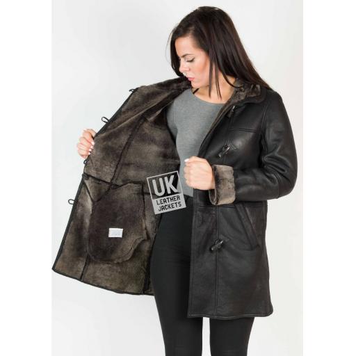 Womens Lambskin Duffle Coat - Detach Hood - Black - Wool Interior
