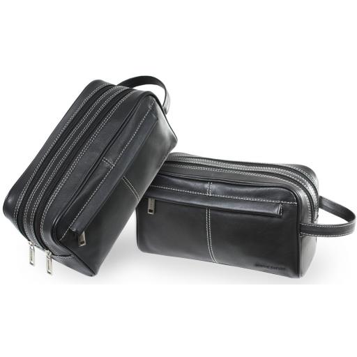 Black Leather Wash Bag by Pierre Cardin - Seine - Front / Top Detailing