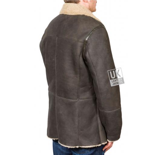 Men’s Black Double Breasted Shearling Sheepskin Jacket - Pea Coat - Back
