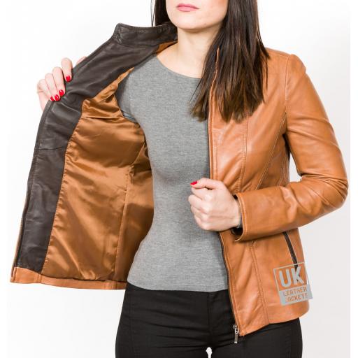 Women's Longer Length Tan Leather Jacket - Anais - Lining