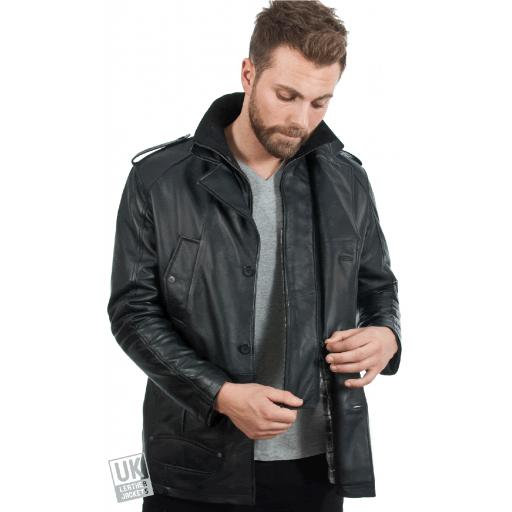 Men’s Black Leather Coat – Bernie - Detachable Rib Knit Collar