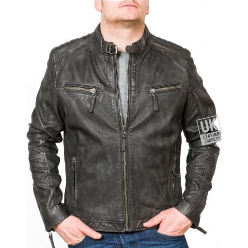Mens Charcoal Black Leather Biker Jacket - Rhett - Front