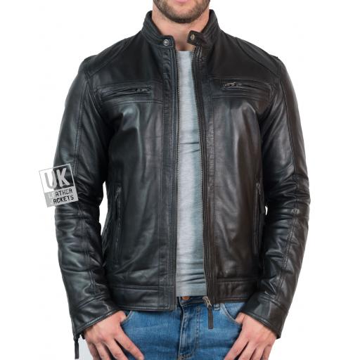 Mens Black Leather Jacket - Ellis - Front Unzipped