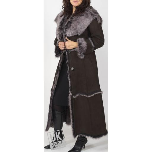 Finest Full Length Hooded Toscana Lambskin Coat in Brown - Luna - Front