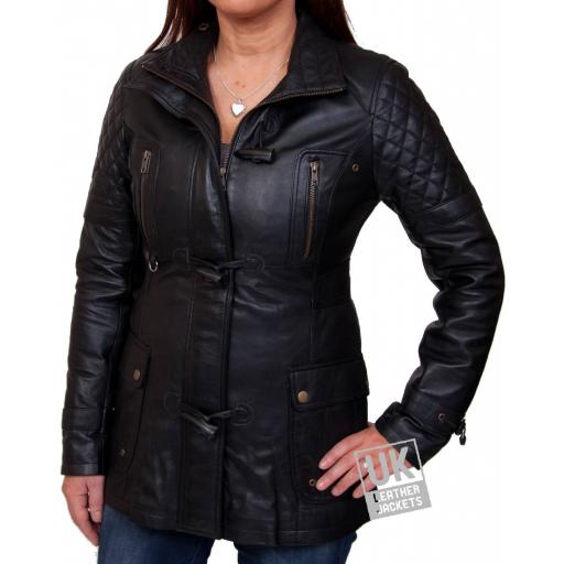 Womens Black Hip Length Leather Jacket with Detach Hood - Eclipse - Zipped Front