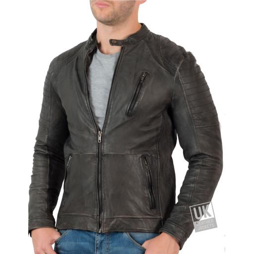 Mens Leather Biker Jacket - Carrick - Antique Matt Charcoal - Front