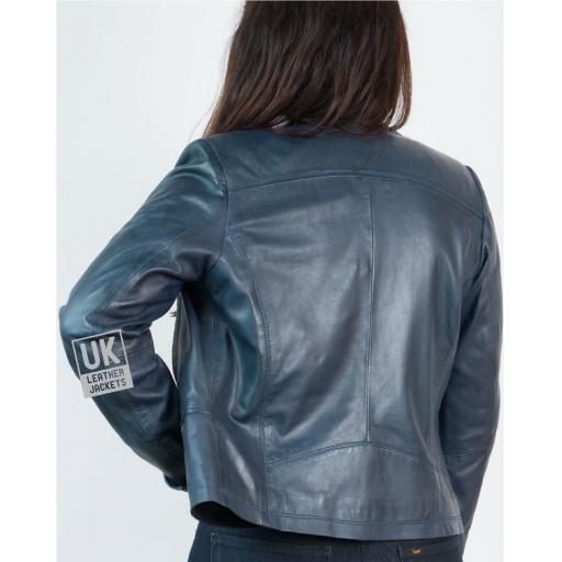 Womens Collarless Leather Jacket in Blue - Kilder - Back