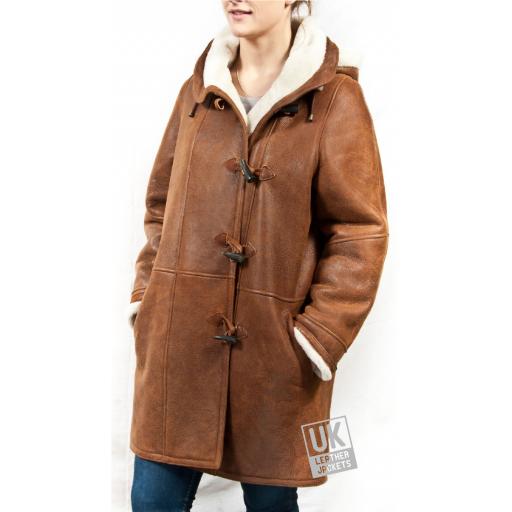 Womens Plus Size Sheepskin Duffle Coat - Lea - Cream Wool - Superior Quality - Front