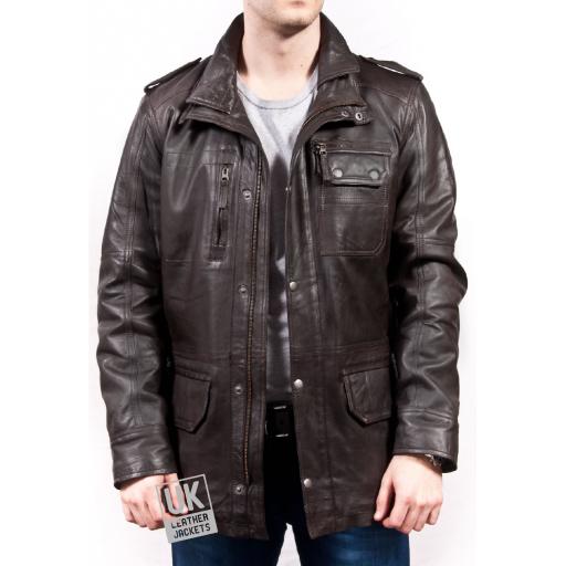 Men's Brown Leather Coat Jacket - Portland - Front