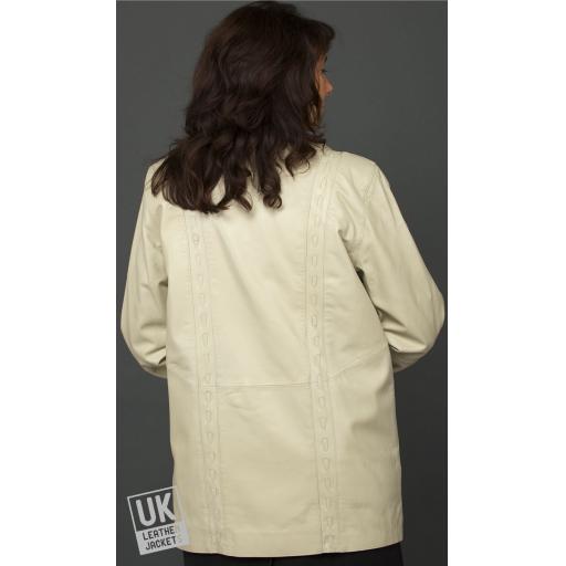 Ladies Stone Ivory Leather Coat Jacket - Aurora - Rear
