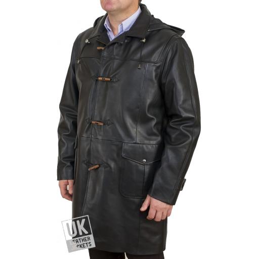 Men's Black Leather Duffle Coat - Detach Hood - Avon - Cover