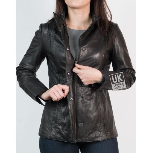 Womens Hip Length Zip Leather Jacket - Black - Front Zip