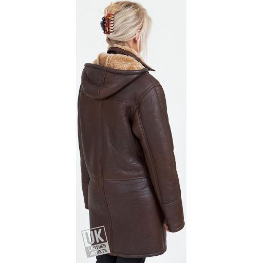 Women's Brown Sheepskin Duffle Coat - Dena - Plus Size - Rear