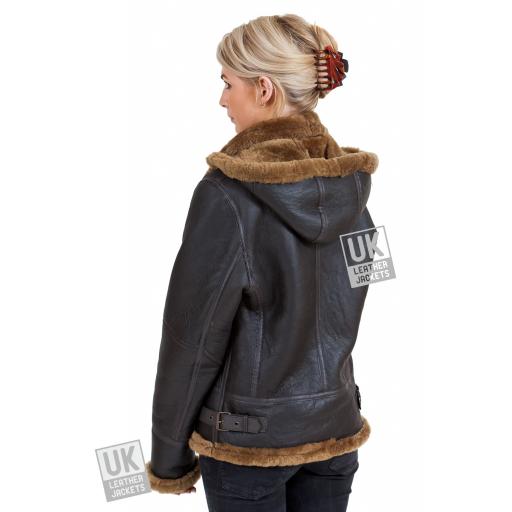 Women's Sheepskin Flying Jacket - Detach Hood - Brown - Back